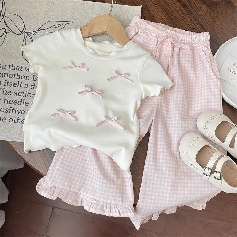 Baby Girl Clothing Zara - เสื้อผ้าเด็กชุดโบว์แขนสั้น + กางเกงขากว้างลายสก๊อต 2 ชิ้นชุดเสื้อผ้าเด็กสําหรับสาวเสื้อผ้าเด็กวัยหัดเดิน