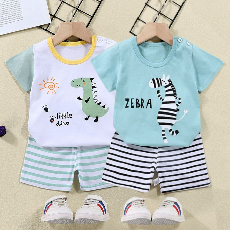 Baby Clothing On Sale - ผ้าฝ้ายTees + กางเกงขาสั้น 2 ชิ้นชุดเด็กการ์ตูนZebraไดโนเสาร์พิมพ์ฤดูร้อนชุดเด็กชายหญิงเด็ก 1-6