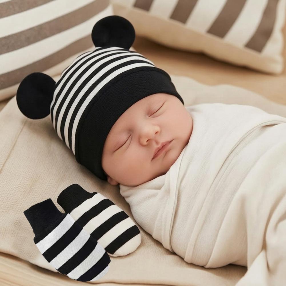 Baby Mittens Scratch - ถุงมือกันรอยขีดข่วนสำหรับเด็กทารก ชุดหมวกและถุงมือสำหรับเด็กแรกเกิด ผ้าฝ้าย หมวกเด็กอ่อนลายหูหมี พร้อมถุงมือกันรอยขีดข่วน เนื้อนุ่มสำหรับเด็กอายุ