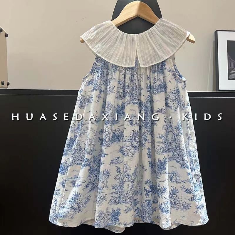 Baby Girl Clothing Zara - ชุดเดรสเด็กผู้หญิงสไตล์เรโทร คอปกทรงกลีบบัว ลายพิมพ์ภาพวาดหมึก เสื้อกล้าม กระโปรงลายดอกไม้ ชุดเดรสเด็กผู้หญิง