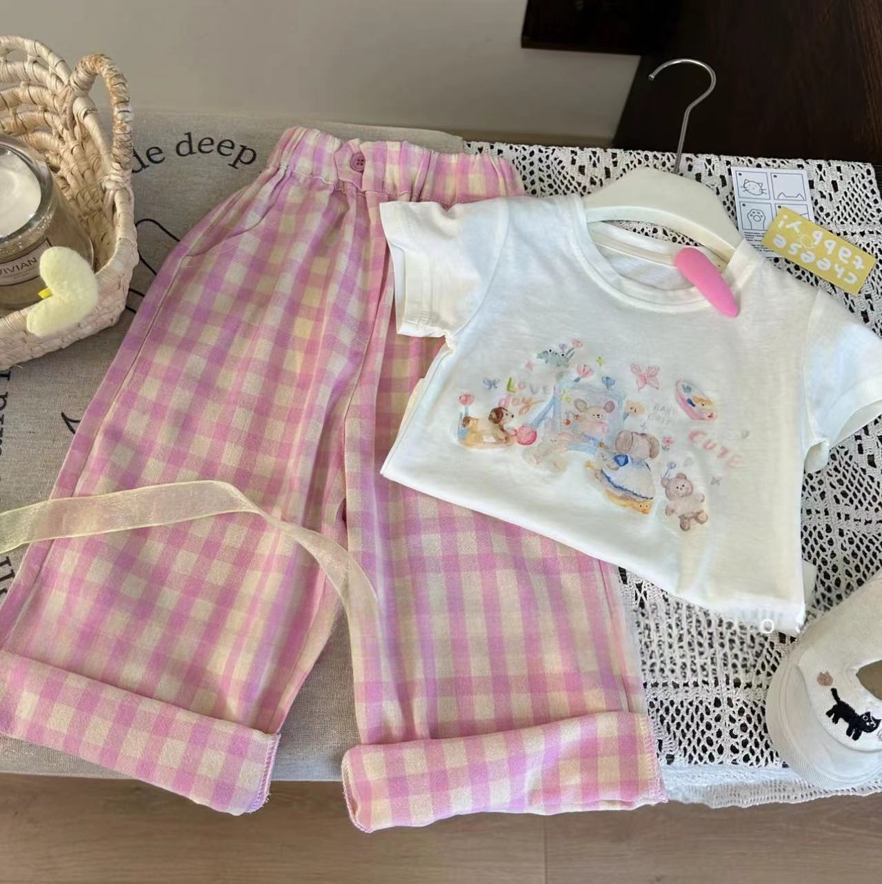 Baby Girl Clothing Zara - ชุดเสื้อผ้าเด็กเสื้อแขนสั้นพิมพ์ลายสัตว์ + กางเกงขากว้างลายสก็อตชุด2ชิ้นเสื้อผ้าบูติกสำหรับเด็กอายุ2ถึง6ปี