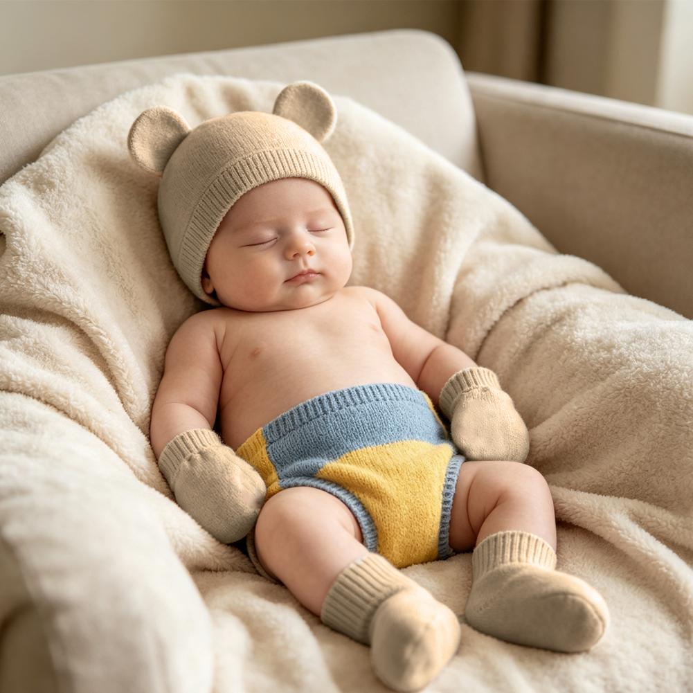 Baby Mittens Scratch - ชุดหมวกและถุงมือป้องกันรอยขีดข่วนสำหรับทารกแรกเกิด หมวกผ้าฝ้ายลายหูหมีพร้อมถุงมือป้องกันรอยขีดข่วนสำหรับเด็กแรกเกิด 0-3 เดือน