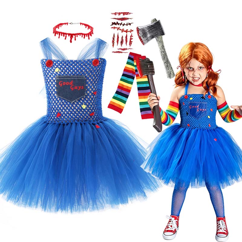 Baby Clothing Europe - ชุดคอสเพลย์ตุ๊กตาฮาโลวีนสำหรับเด็กผู้หญิง ชุดกระโปรงตาข่ายสีน้ำเงินพร้อมถุงเท้าและอุปกรณ์เสริมสำหรับงานปาร์ตี้ธีมคาร์นิวัล