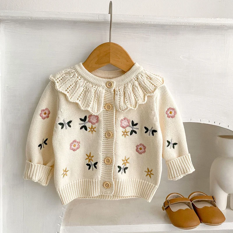 Baby Girl Clothing Zara - ฤดูใบไม้ร่วงเสื้อสเวตเตอร์ถักอเนกประสงค์เด็กทารกดอกไม้ปัก Lotus Leaf COLLAR ถักผ้าฝ้ายเด็กทารกเสื้อสเวตเตอร์ถัก