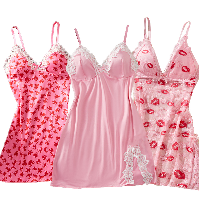 Baby Clothing Products - ชุดนอนเซ็กซี่ ชุดนอนสายเดี่ยวผู้หญิงลายพิมพ์ต่อผ้าลูกไม้ผ่าข้าง ชุดนอนซีทรูวาบหวิว ชุดชั้นในอีโรติก ของขวัญเทศกาล